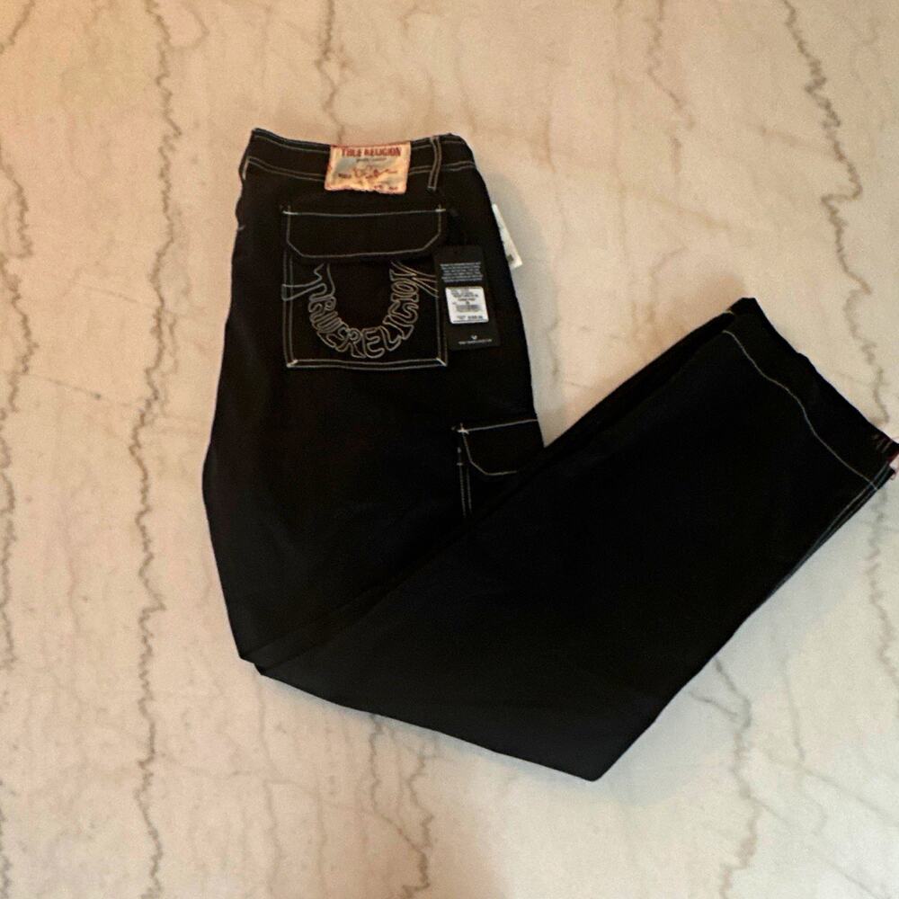 True Religion Men’s Black Cargo Denim Pants Baggy Straight Leg 36 Logo NWT